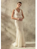 Draped Neck Ivory Sparkly Sequin Lace Trim Wedding Dress